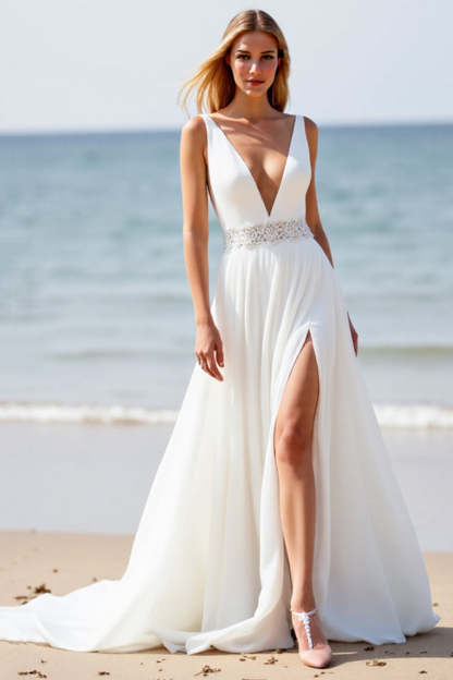 Deep V-Neck White Chiffon Boho Sweep Train Wedding Dress with Slit