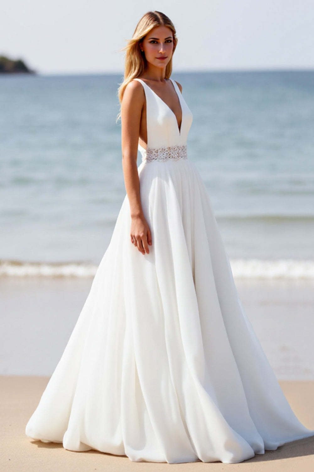 Deep V-Neck White Chiffon Boho Sweep Train Wedding Dress with Slit