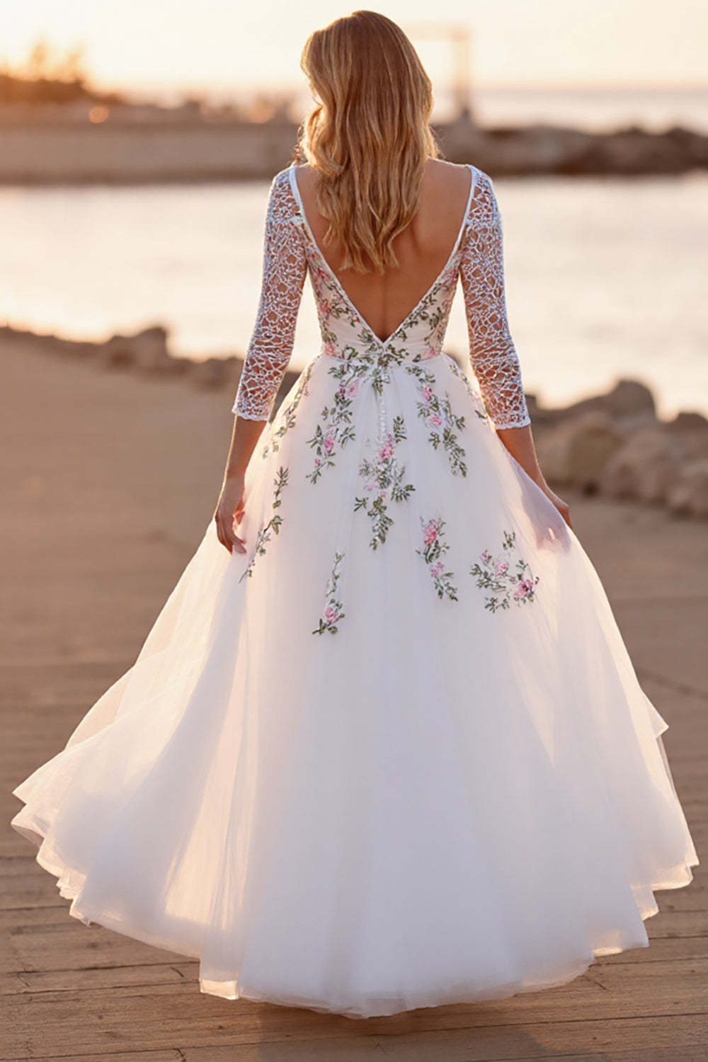 Floral Long Sleeves White Floor Length Wedding Dress with Lace