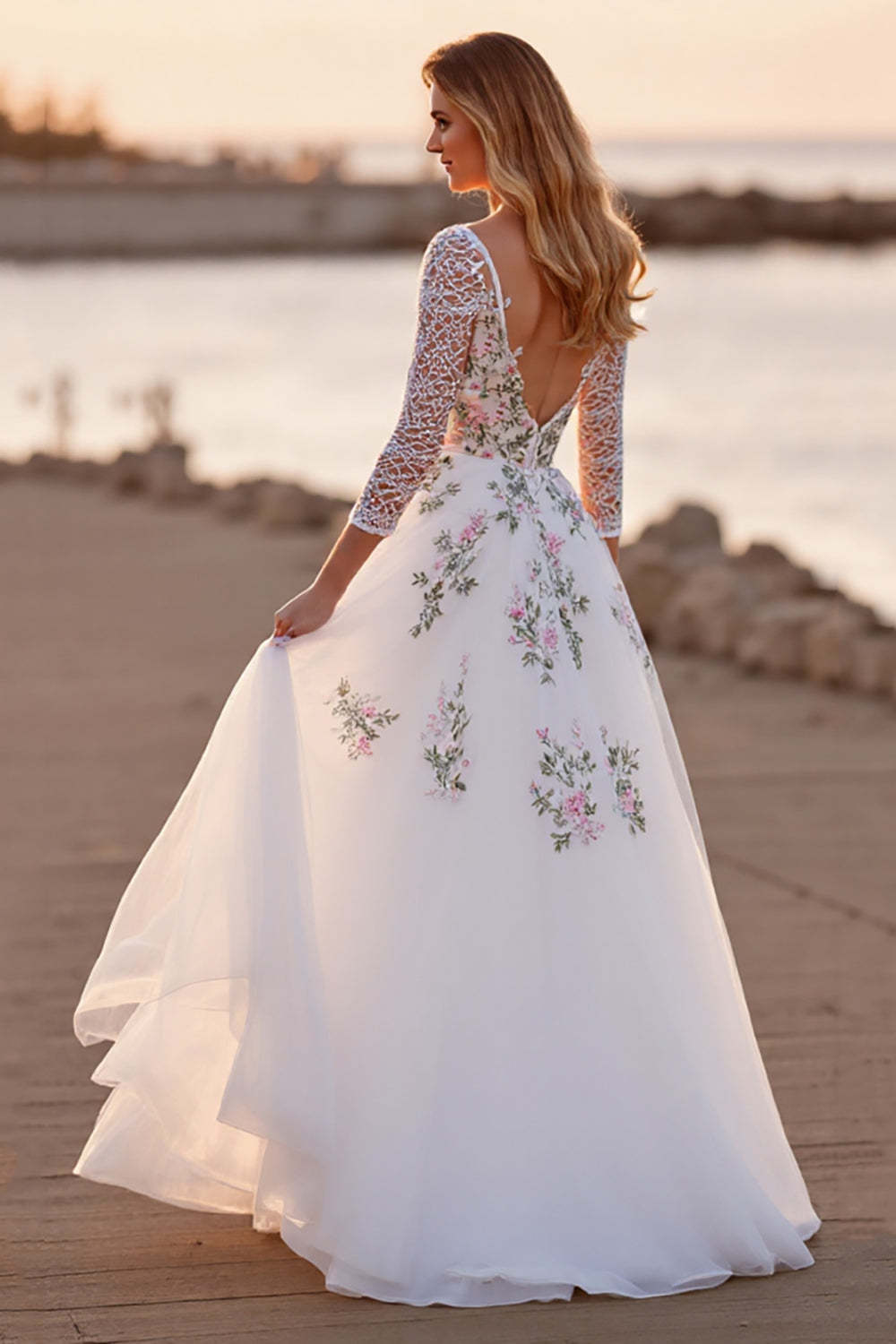 Floral Long Sleeves White Floor Length Wedding Dress with Lace