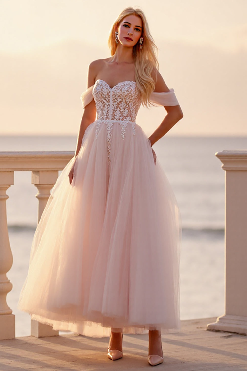 Ball Gown Blush Ankle Length Wedding Dress with Appliques