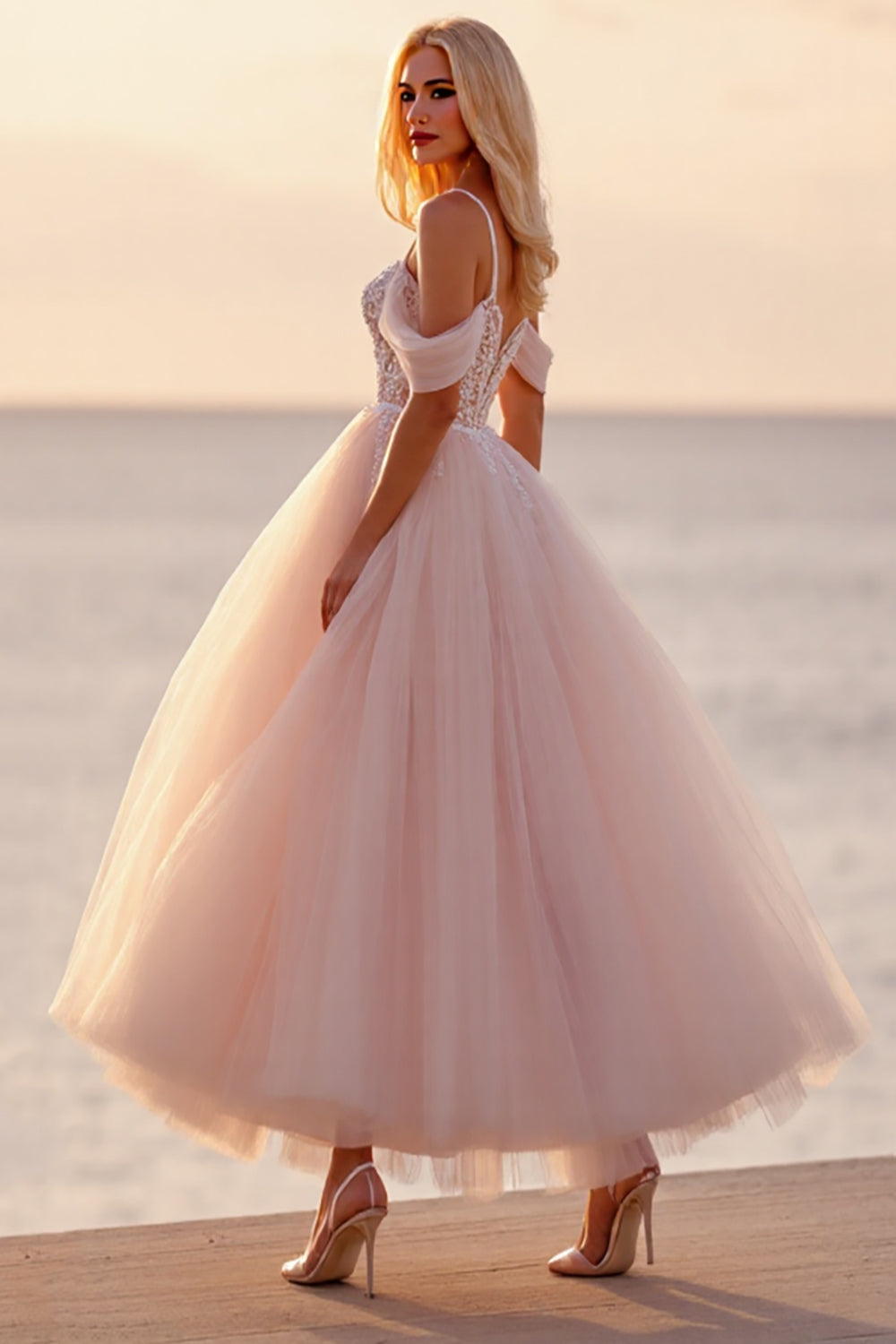 Ball Gown Blush Ankle Length Wedding Dress with Appliques