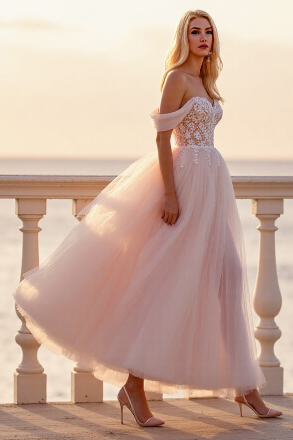Ball Gown Blush Ankle Length Wedding Dress with Appliques