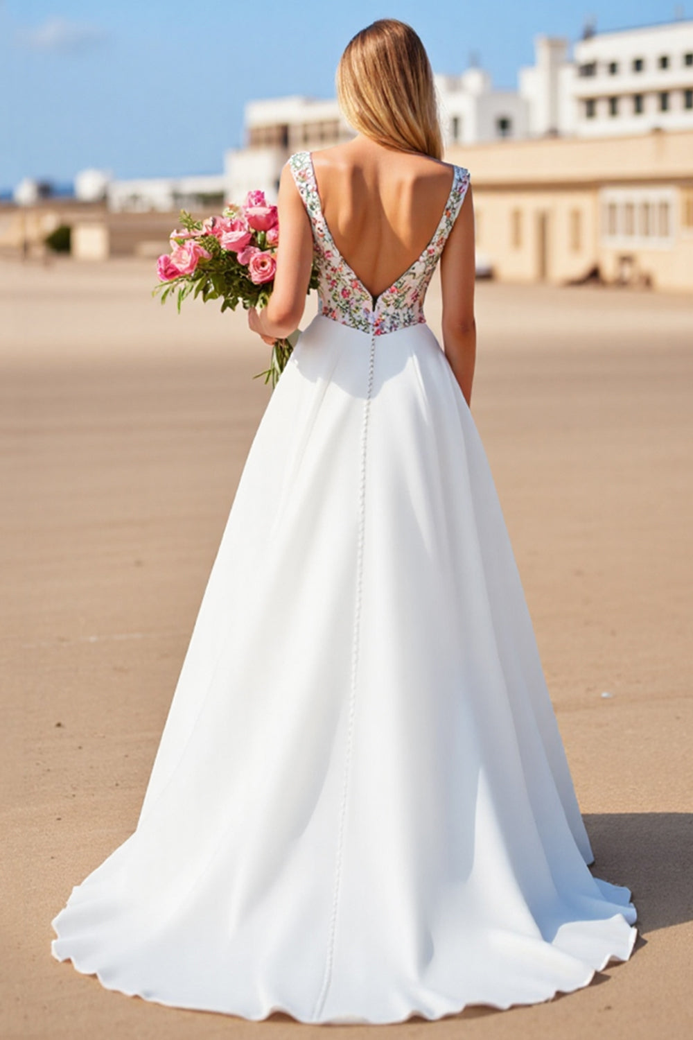 V-Neck White Floral Ball Gown Sweep Train Wedding Dress