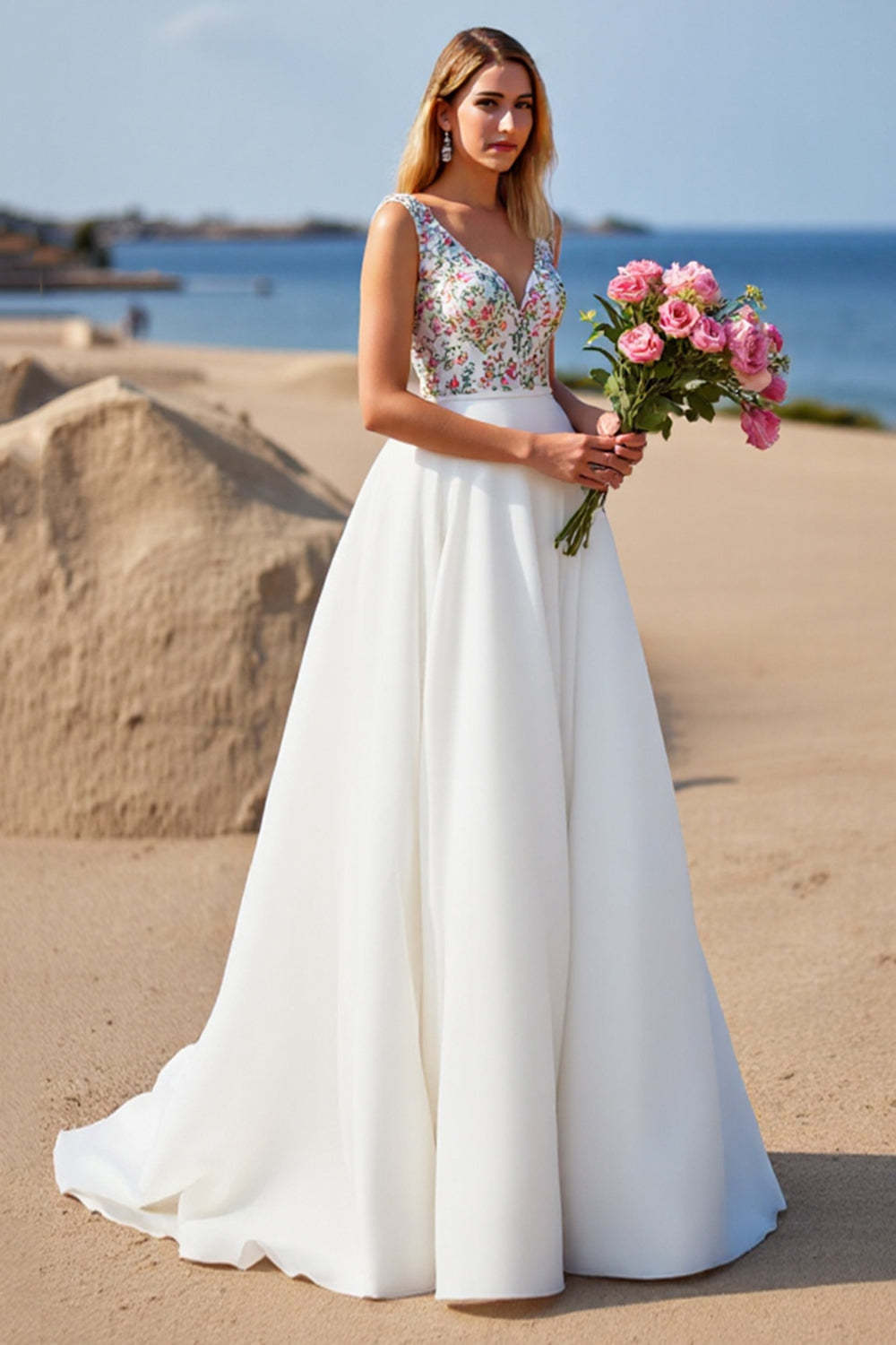 V-Neck White Floral Ball Gown Sweep Train Wedding Dress