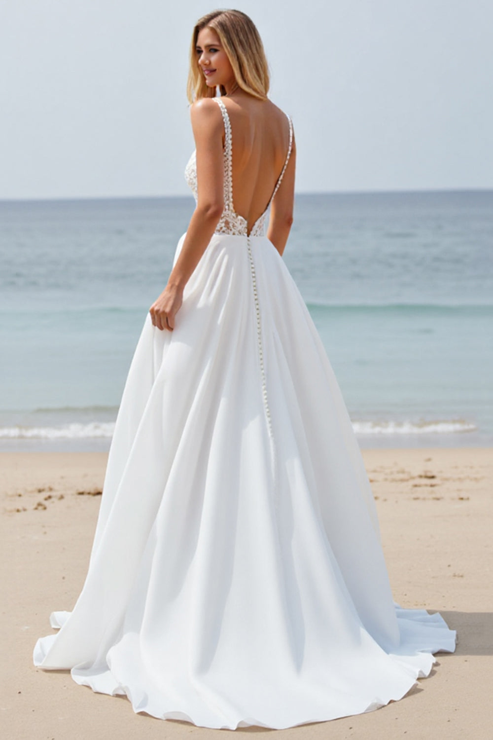 Chiffon White A Line Sweep Train Wedding Dress with Slit