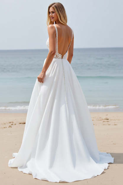 Chiffon White A Line Sweep Train Wedding Dress with Slit
