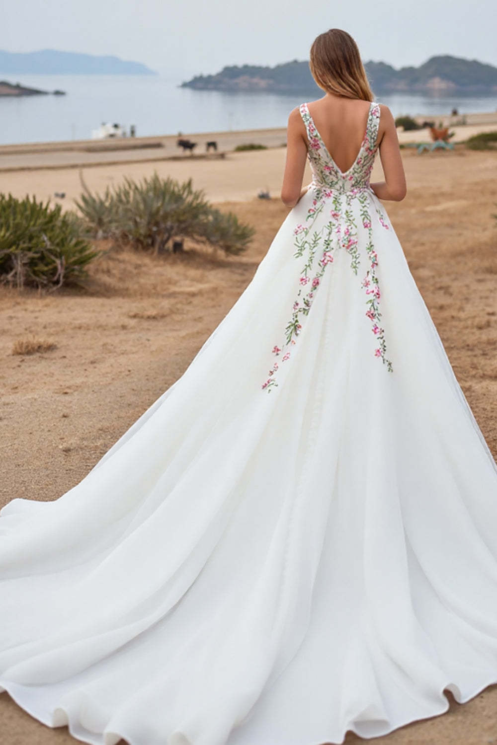 White V-Neck A Line Floral Sweep Train Wedding Dress