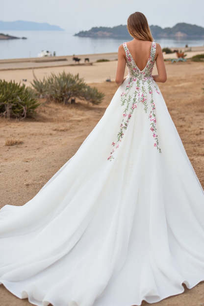 White V-Neck A Line Floral Sweep Train Wedding Dress