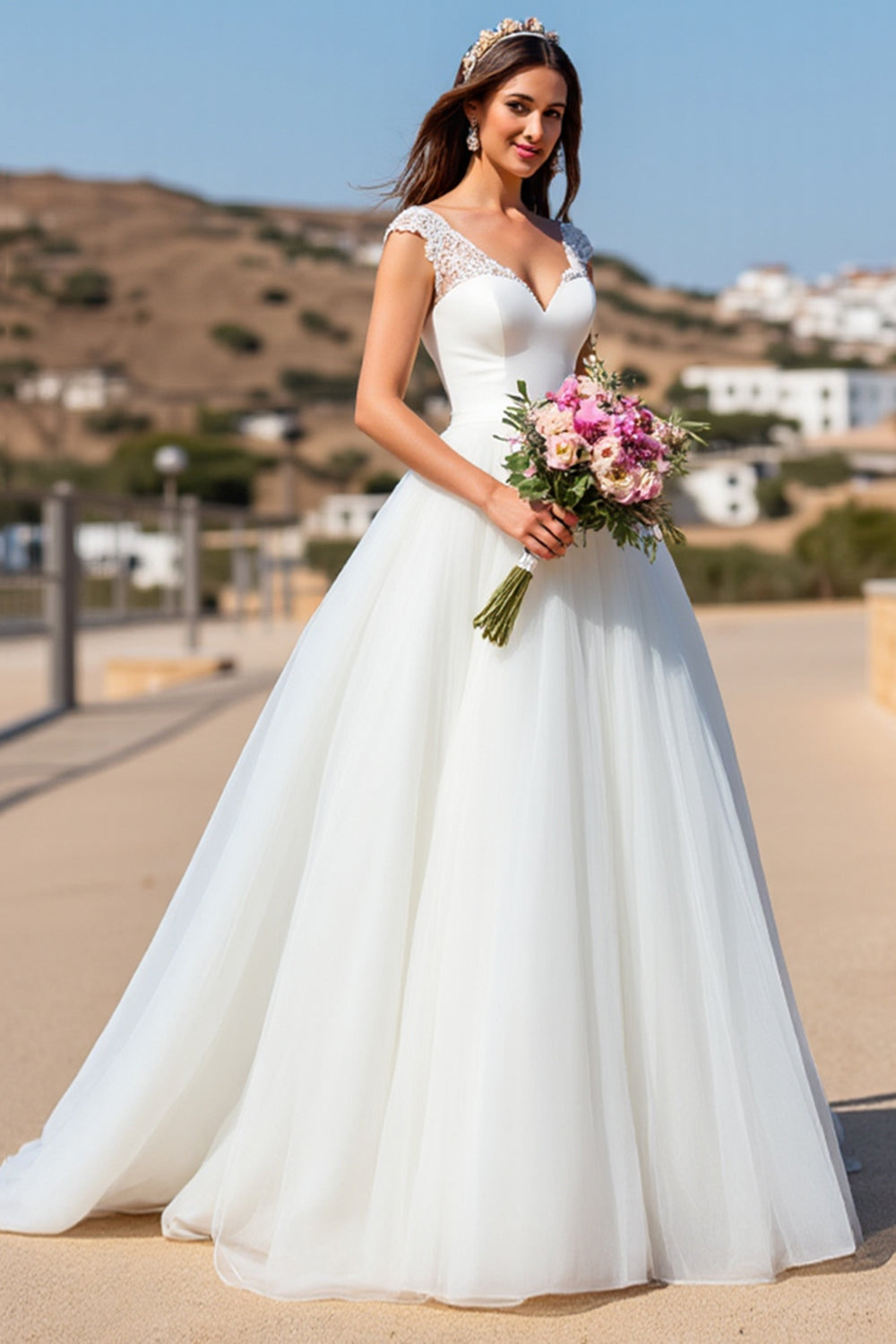 Organza White Ball Gown Sweep Train Wedding Dress with Lace