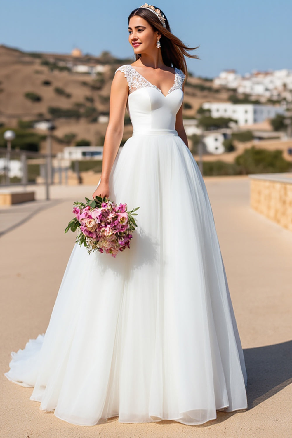 Organza White Ball Gown Sweep Train Wedding Dress with Lace