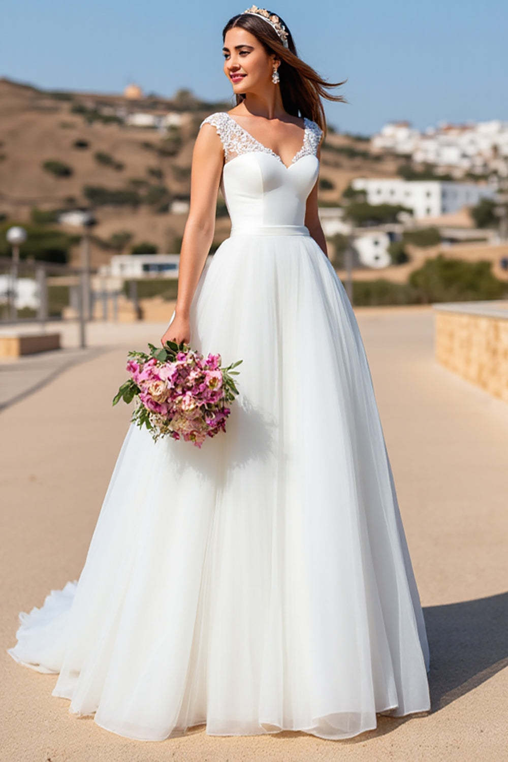 Organza White Ball Gown Sweep Train Wedding Dress with Lace