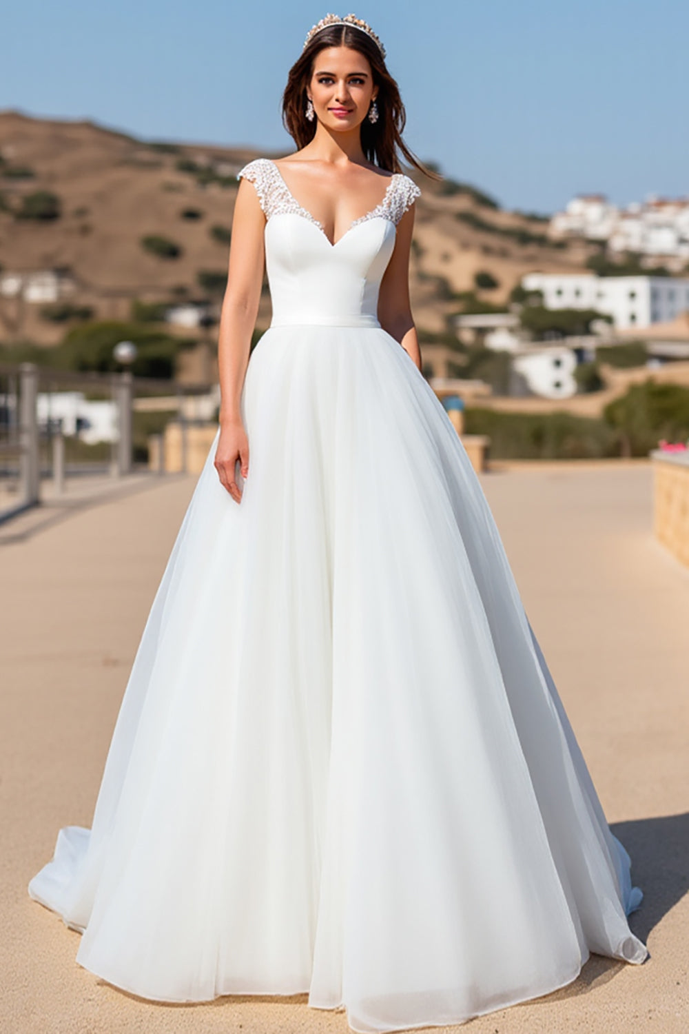 Organza White Ball Gown Sweep Train Wedding Dress with Lace
