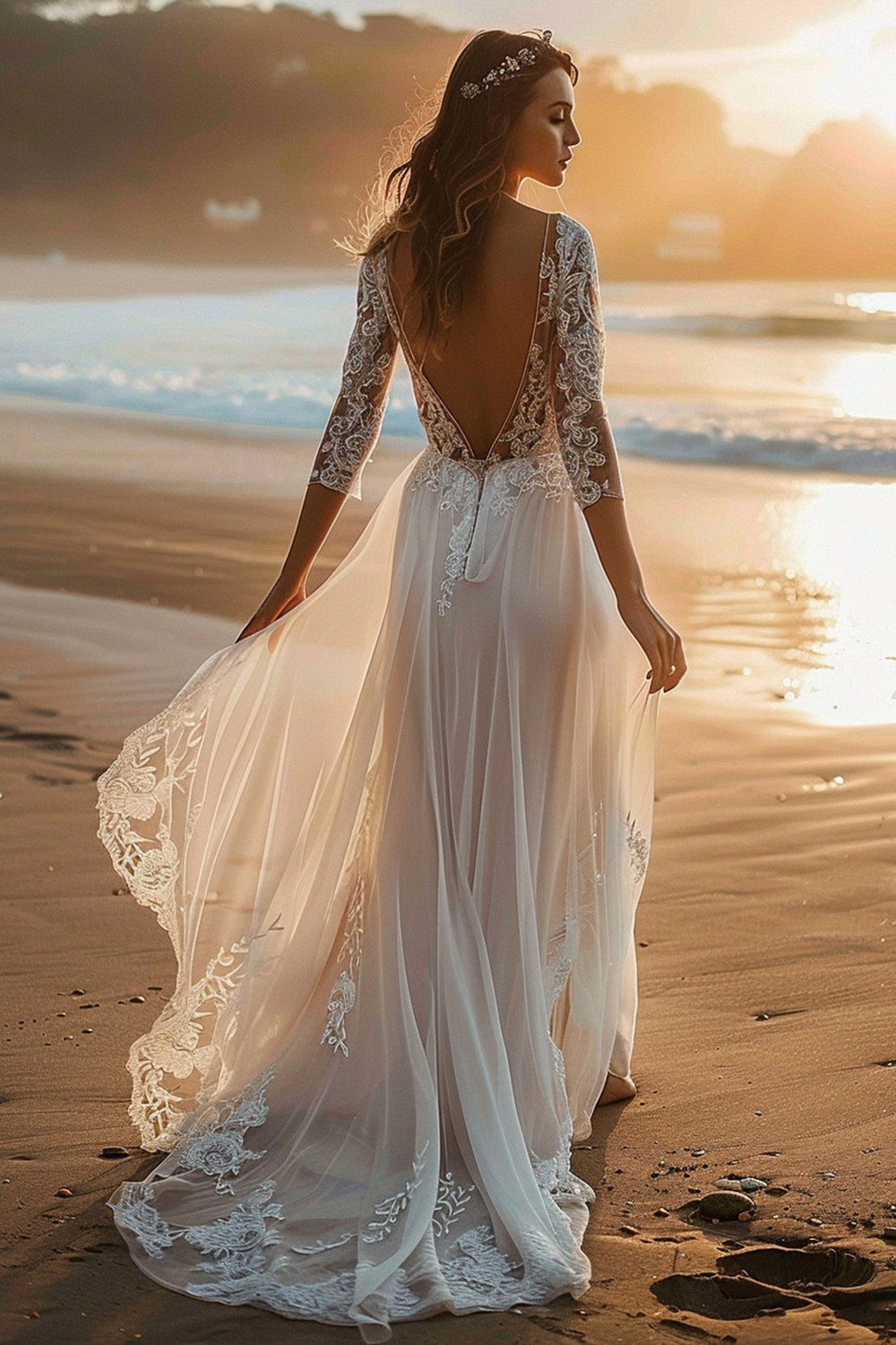 White Long Sleeves Sweep Train Boho Wedding Dress with Lace