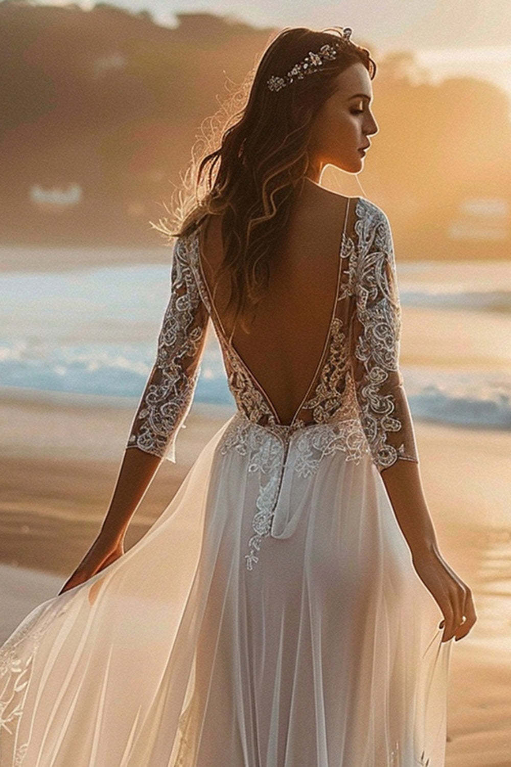 White Long Sleeves Sweep Train Boho Wedding Dress with Lace