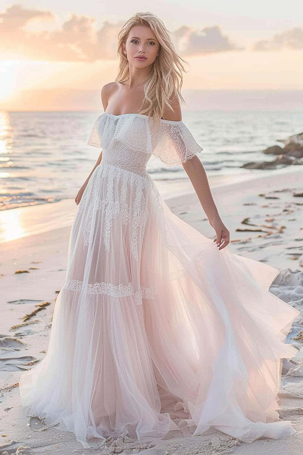 Leely Women White A Line Boho Wedding Dress with Lace Off the Shoulder Sweep Train Bridal Dress