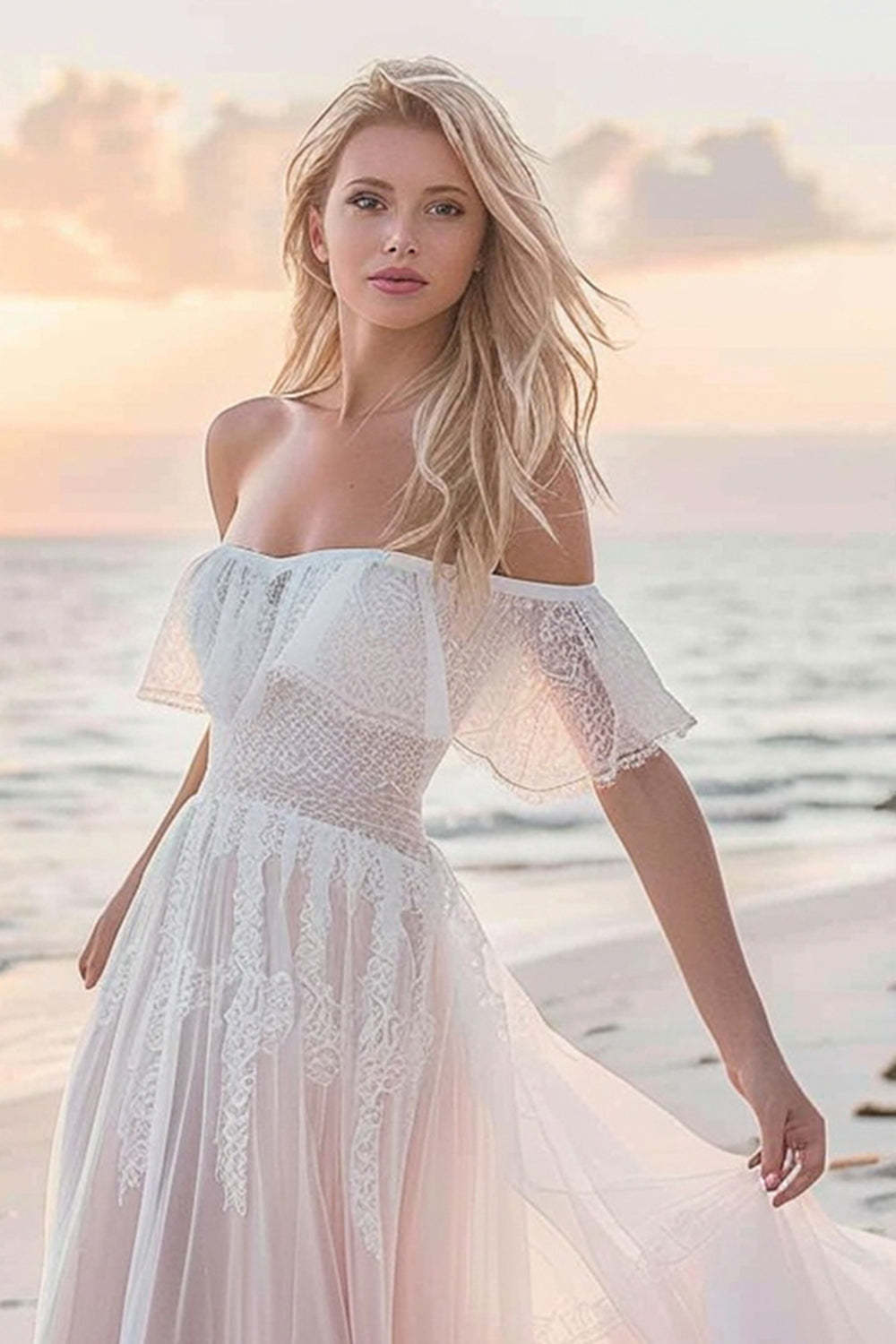 White Boho A Line Sweep Train Wedding Dress with Lace