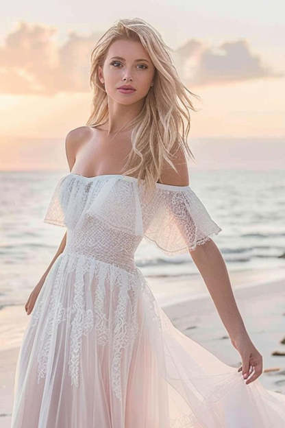 White Boho A Line Sweep Train Wedding Dress with Lace