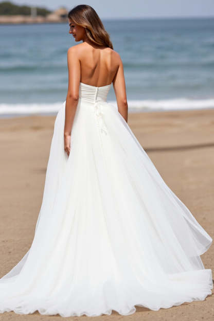 Sweetheart White A Line Tulle Sweep Train Wedding Dress