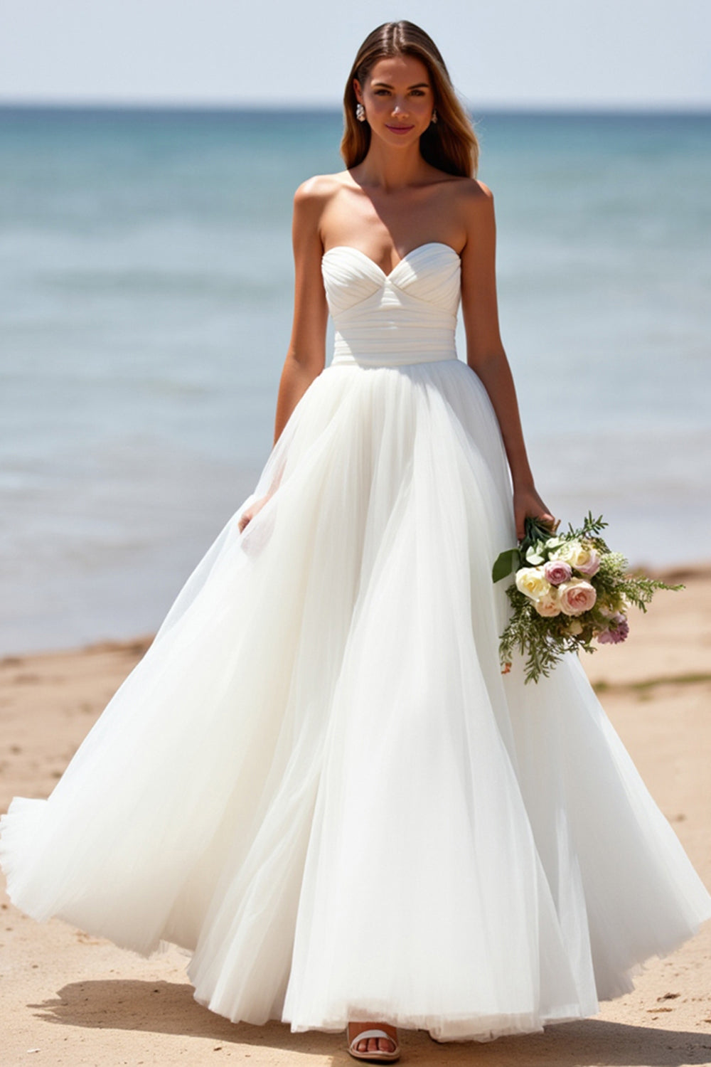 Sweetheart White A Line Tulle Sweep Train Wedding Dress