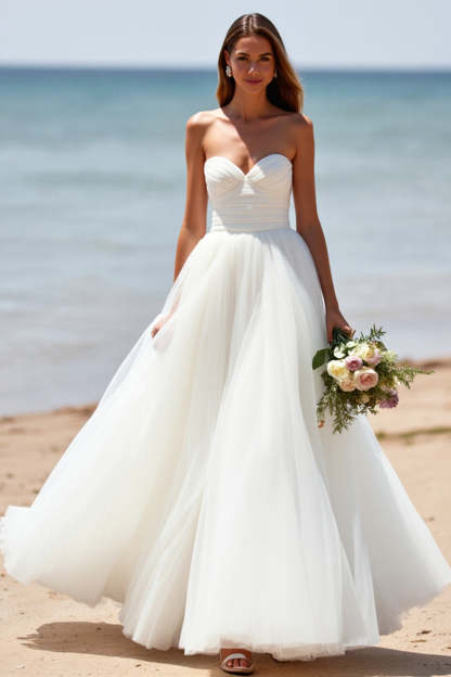 Sweetheart White A Line Tulle Sweep Train Wedding Dress