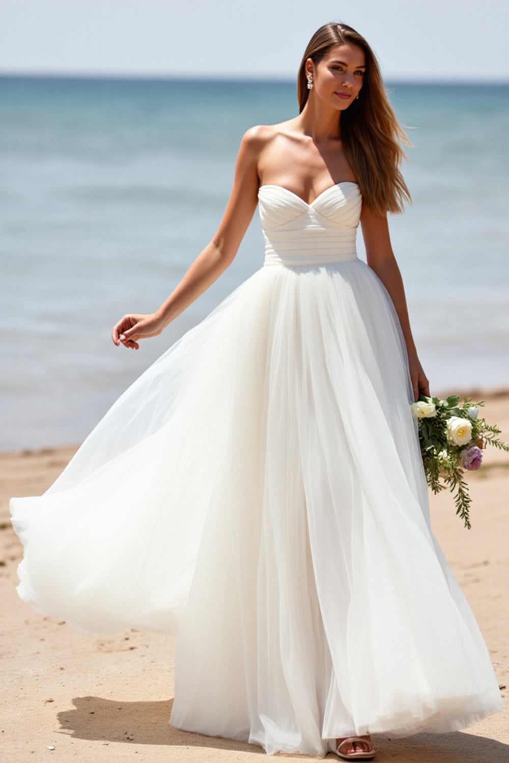 Sweetheart White A Line Tulle Sweep Train Wedding Dress