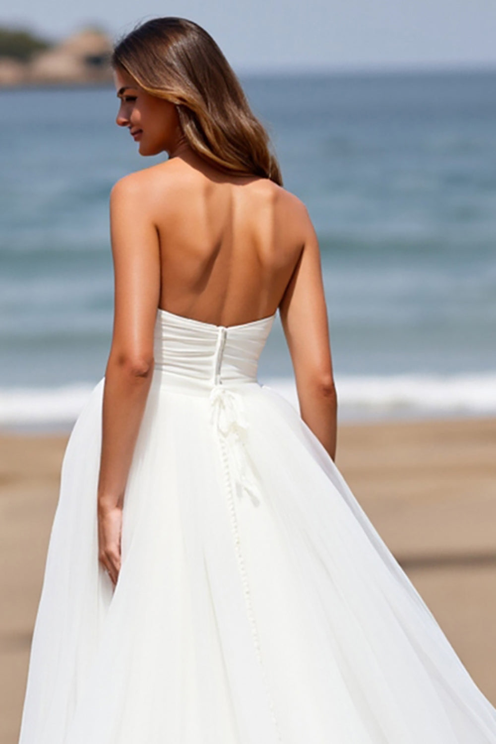 Sweetheart White A Line Tulle Sweep Train Wedding Dress