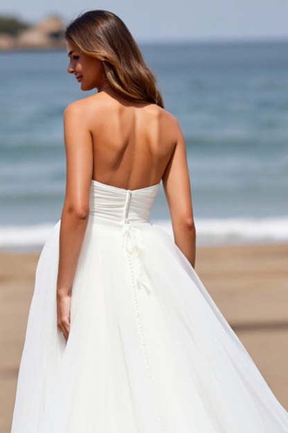 Sweetheart White A Line Tulle Sweep Train Wedding Dress