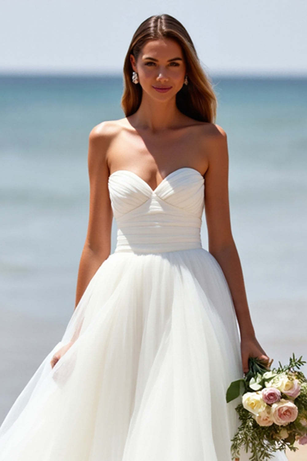 Sweetheart White A Line Tulle Sweep Train Wedding Dress