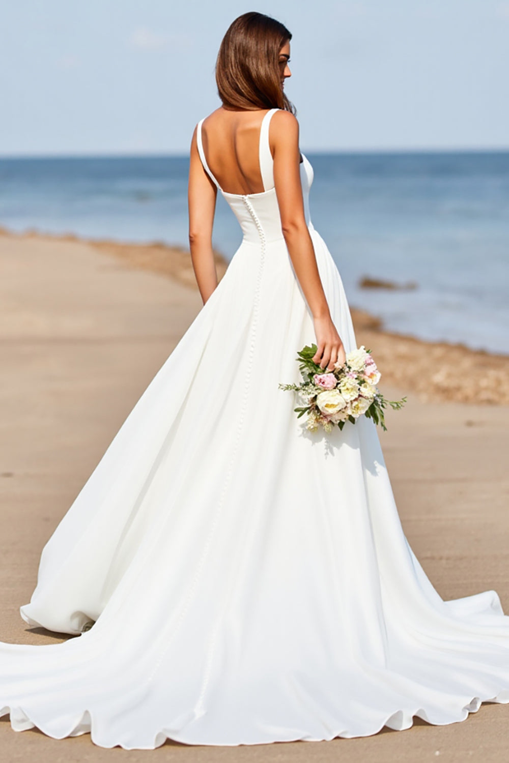 Square Neck Satin A Line White Sweep Train Wedding Dress