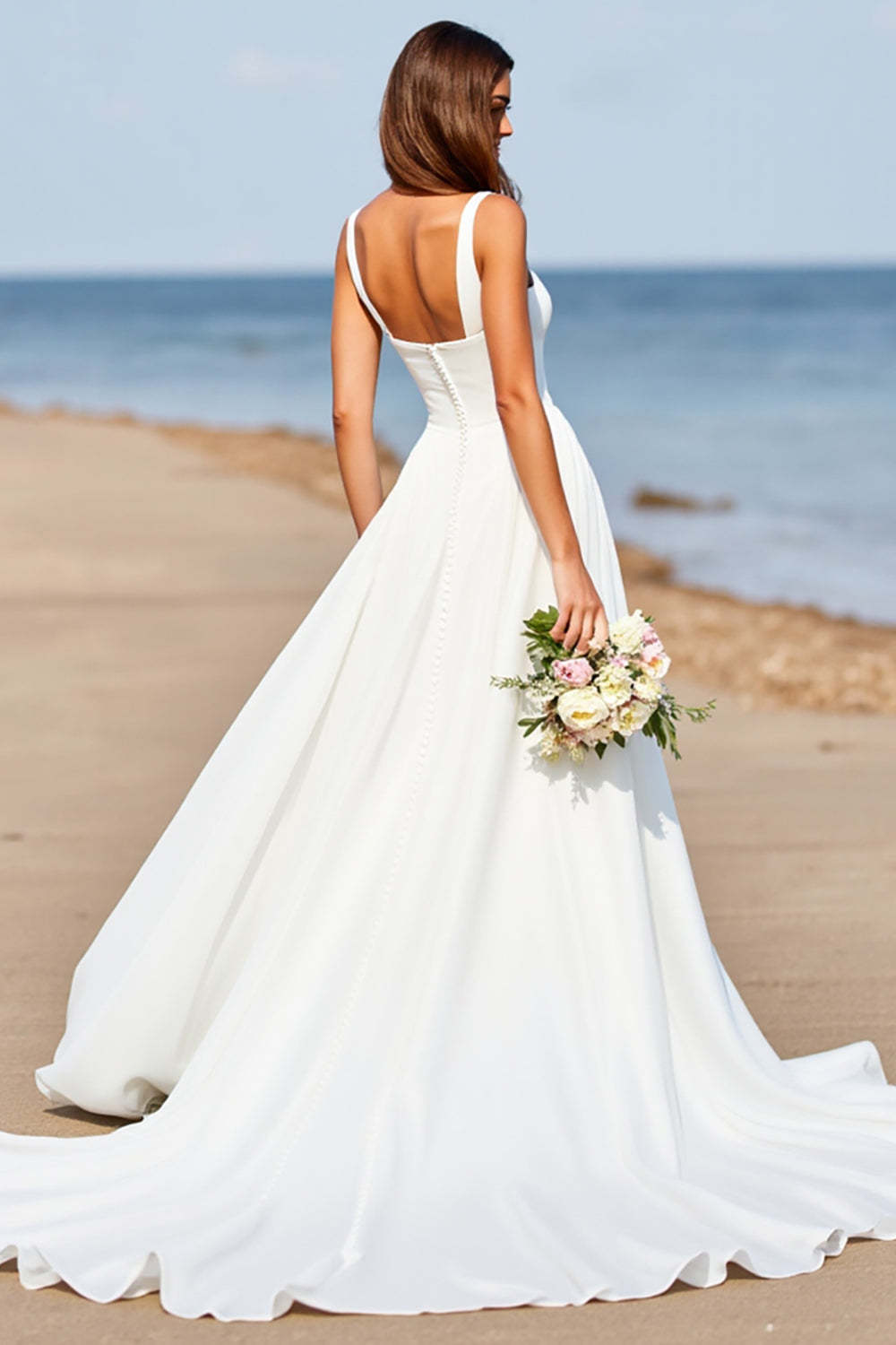 Square Neck Satin A Line White Sweep Train Wedding Dress