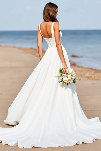 Square Neck Satin A Line White Sweep Train Wedding Dress