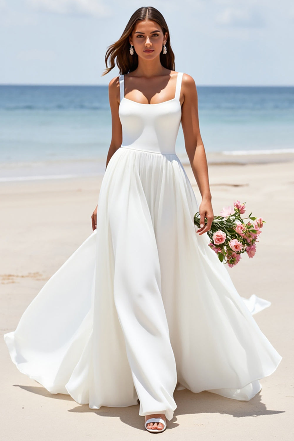 Square Neck Satin A Line White Sweep Train Wedding Dress