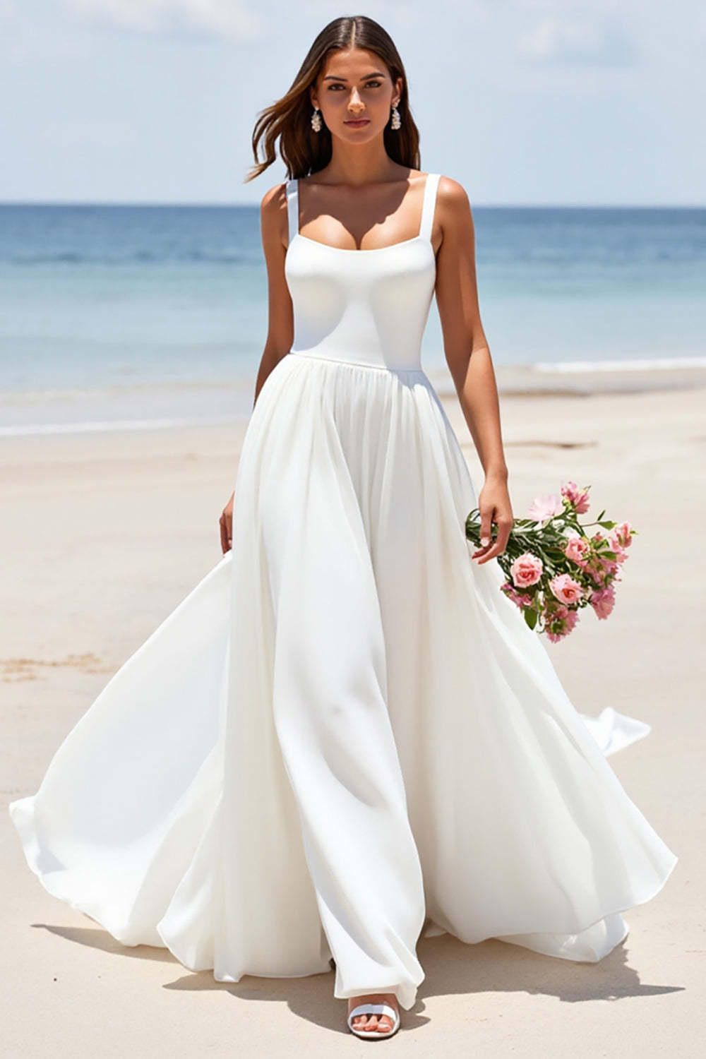 Square Neck Satin A Line White Sweep Train Wedding Dress