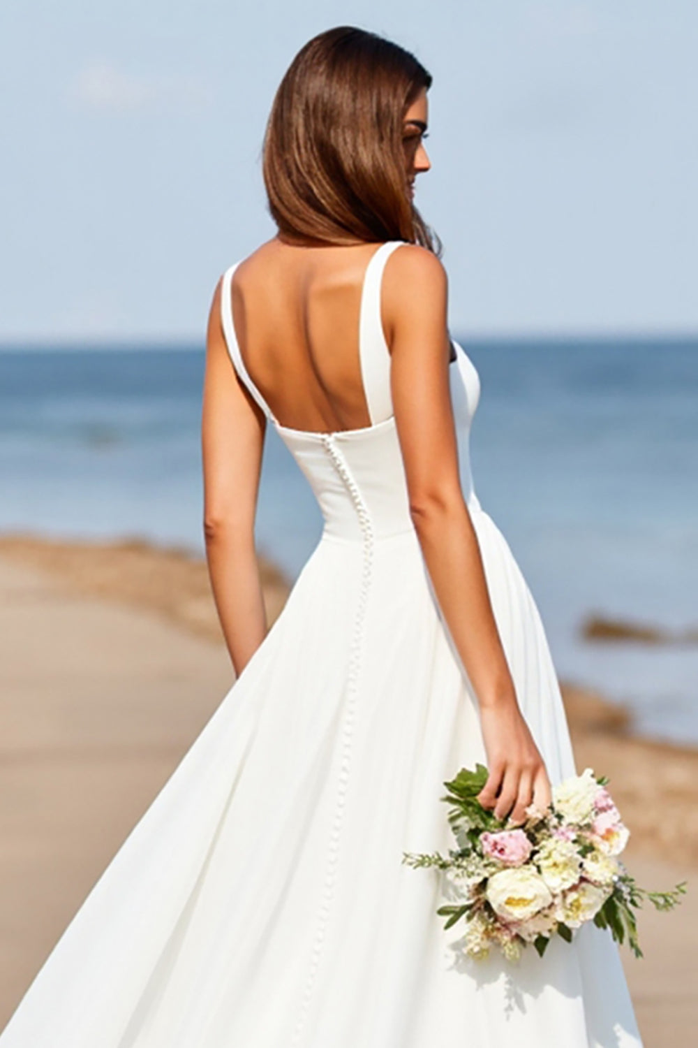 Square Neck Satin A Line White Sweep Train Wedding Dress