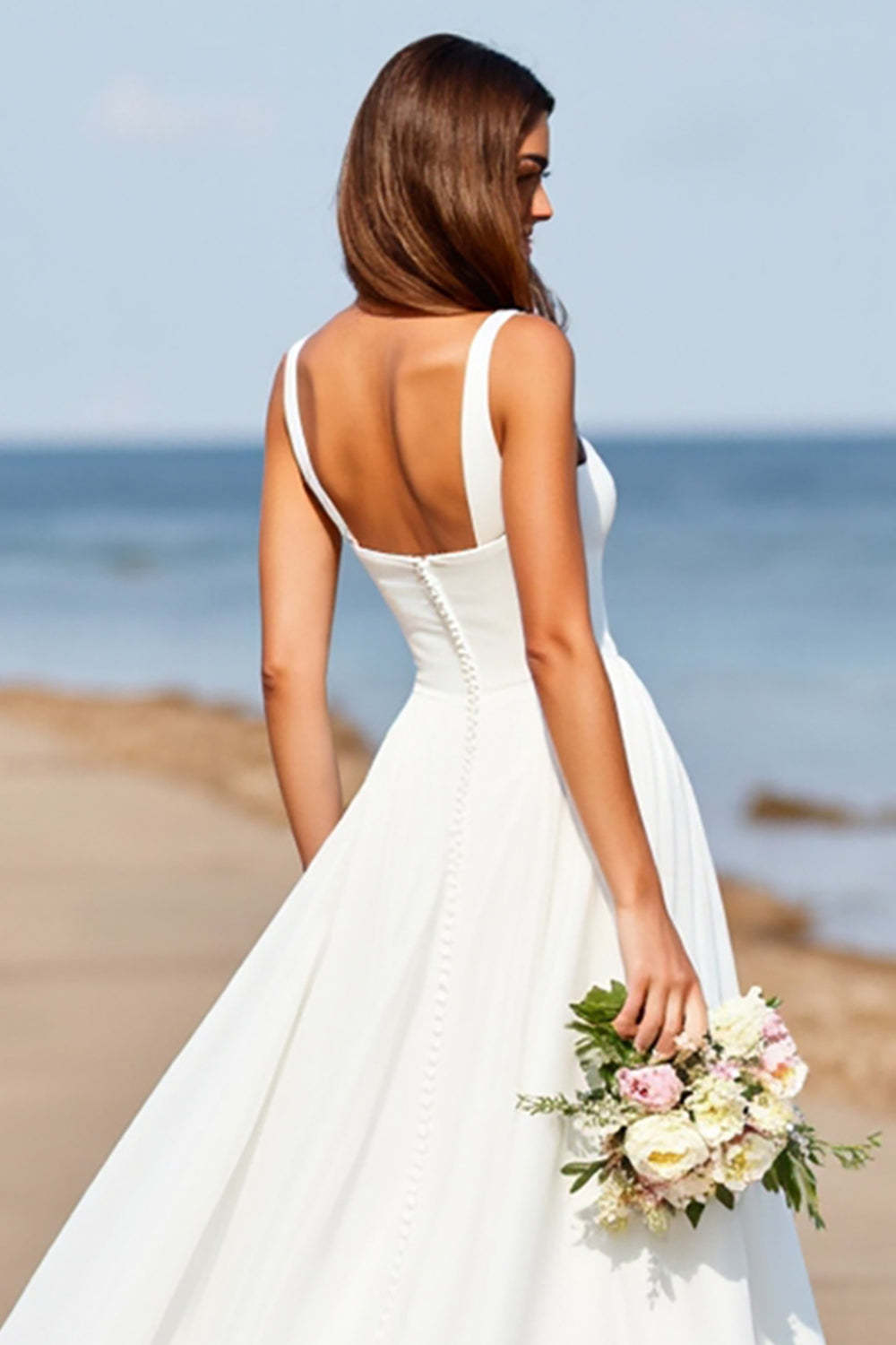 Square Neck Satin A Line White Sweep Train Wedding Dress