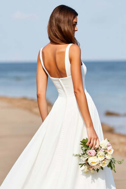 Square Neck Satin A Line White Sweep Train Wedding Dress