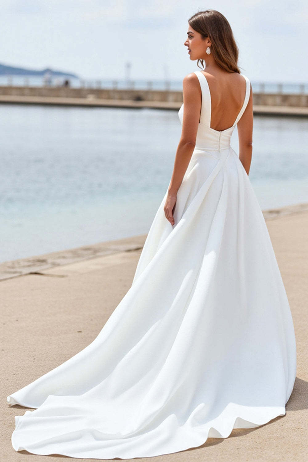Satin White Square Neck Sweep Train Wedding Dress