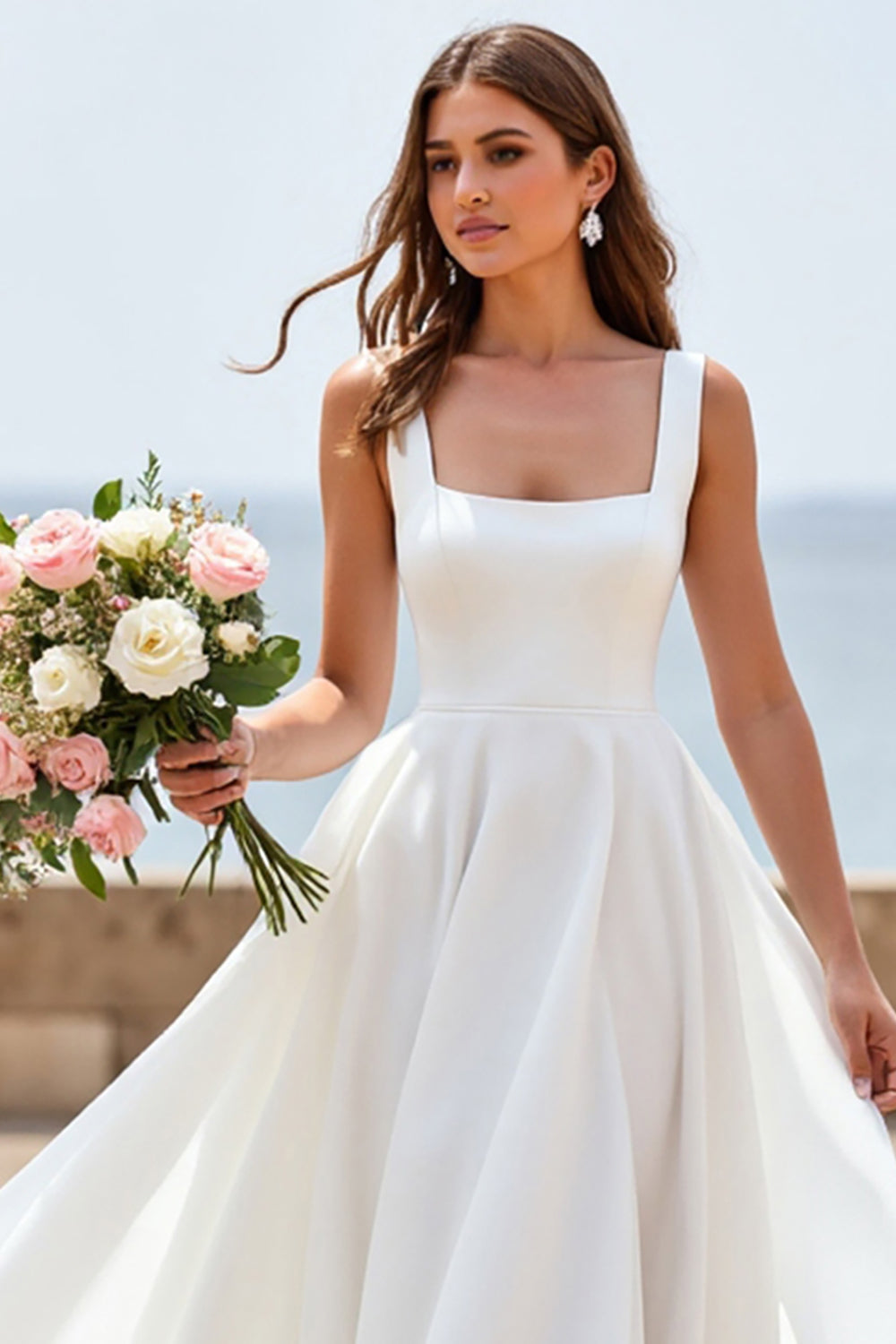 Satin White Square Neck Sweep Train Wedding Dress