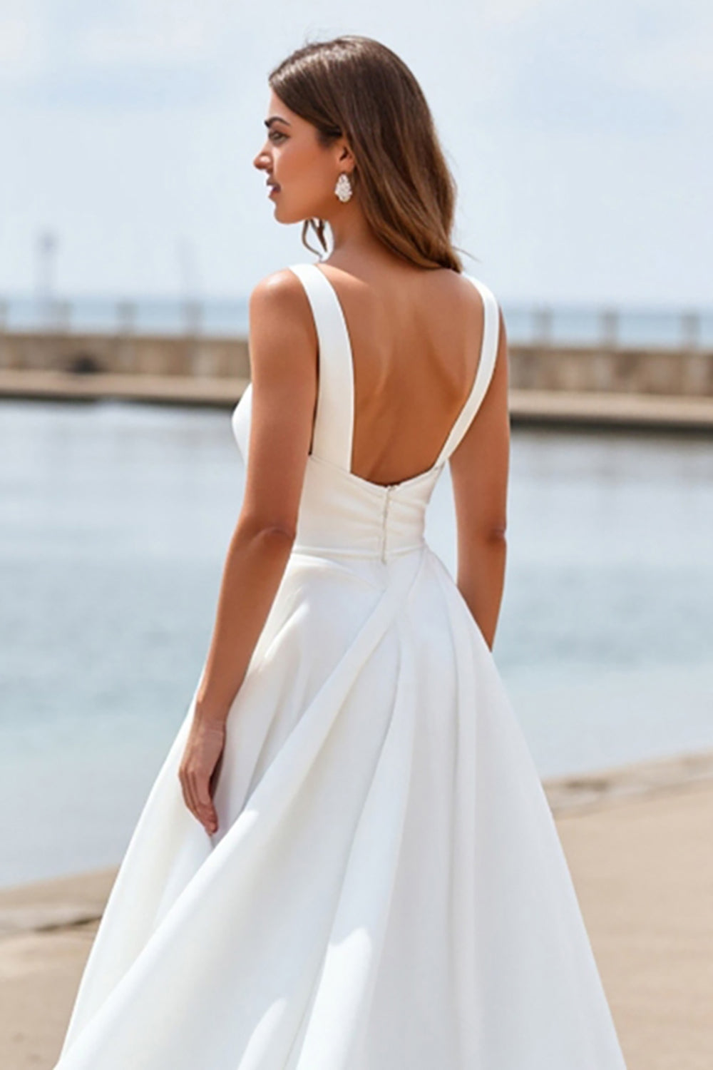 Satin White Square Neck Sweep Train Wedding Dress