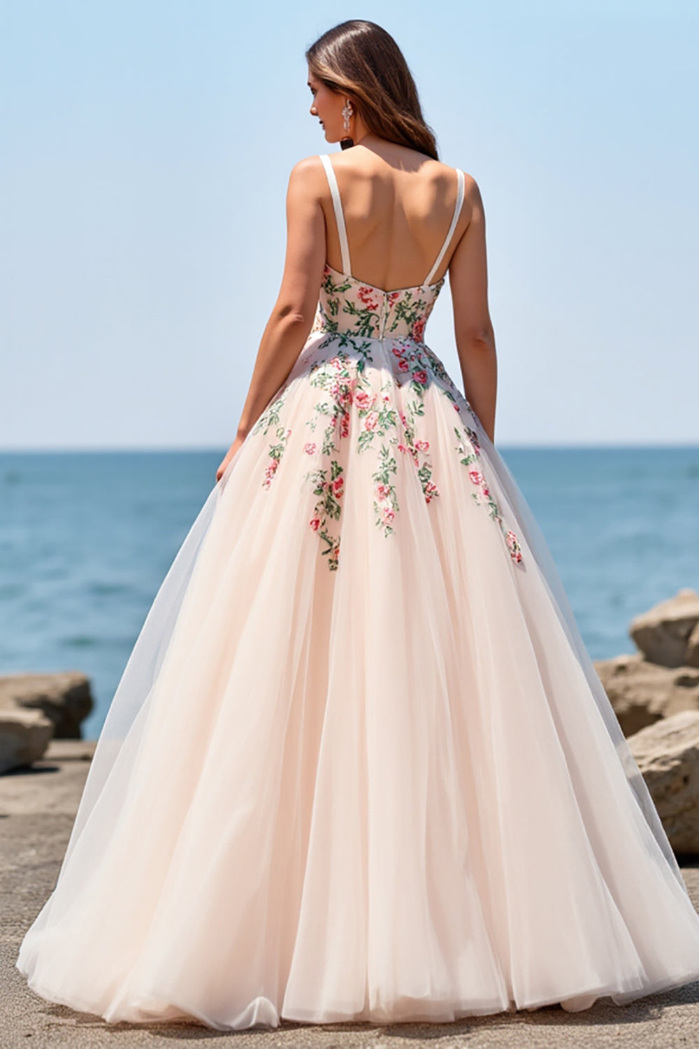 Tulle Floral Blush Ball Gown Floor Length Wedding Dress