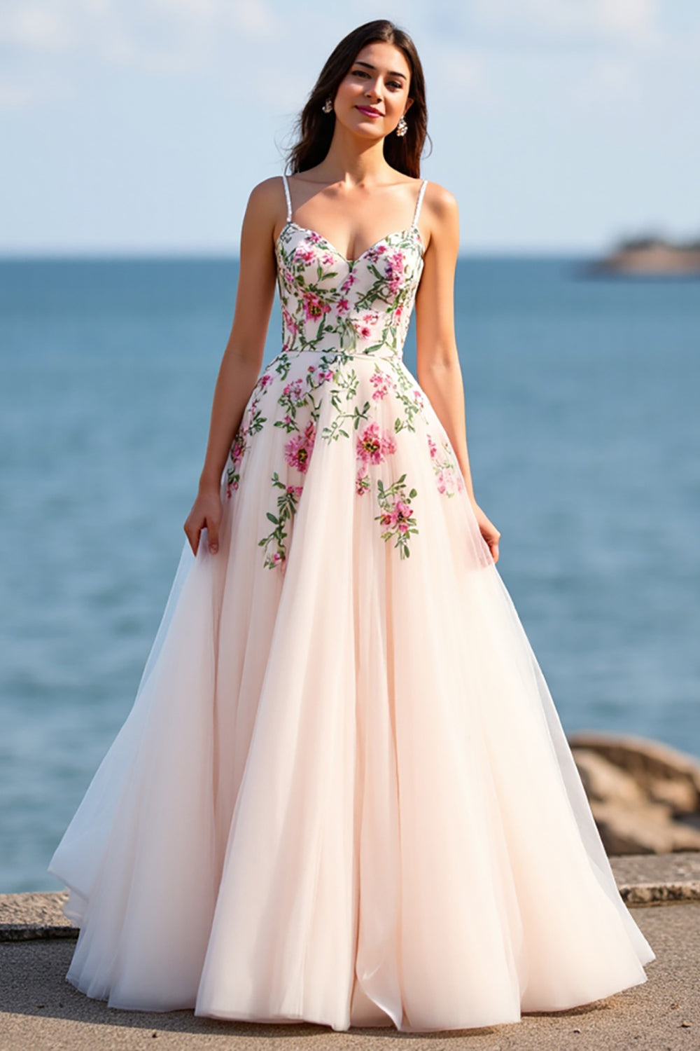 Floral Blush Spaghetti Straps Ball Gown Sweep Train Wedding Dress