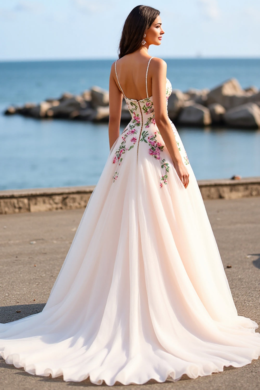 Floral Blush Spaghetti Straps Ball Gown Sweep Train Wedding Dress