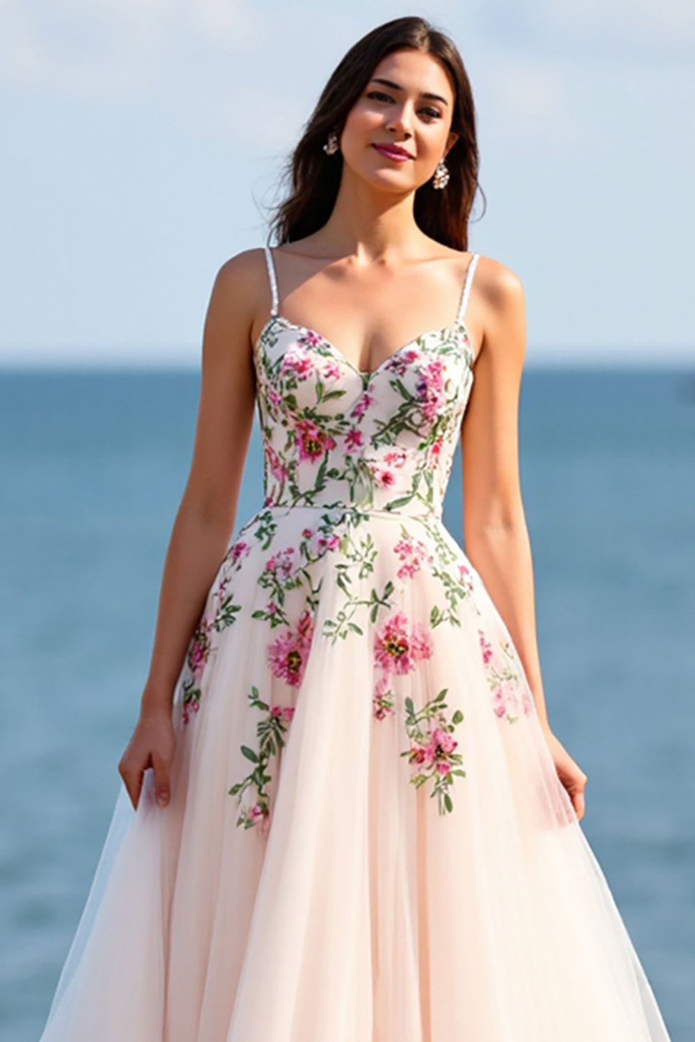Floral Blush Spaghetti Straps Ball Gown Sweep Train Wedding Dress
