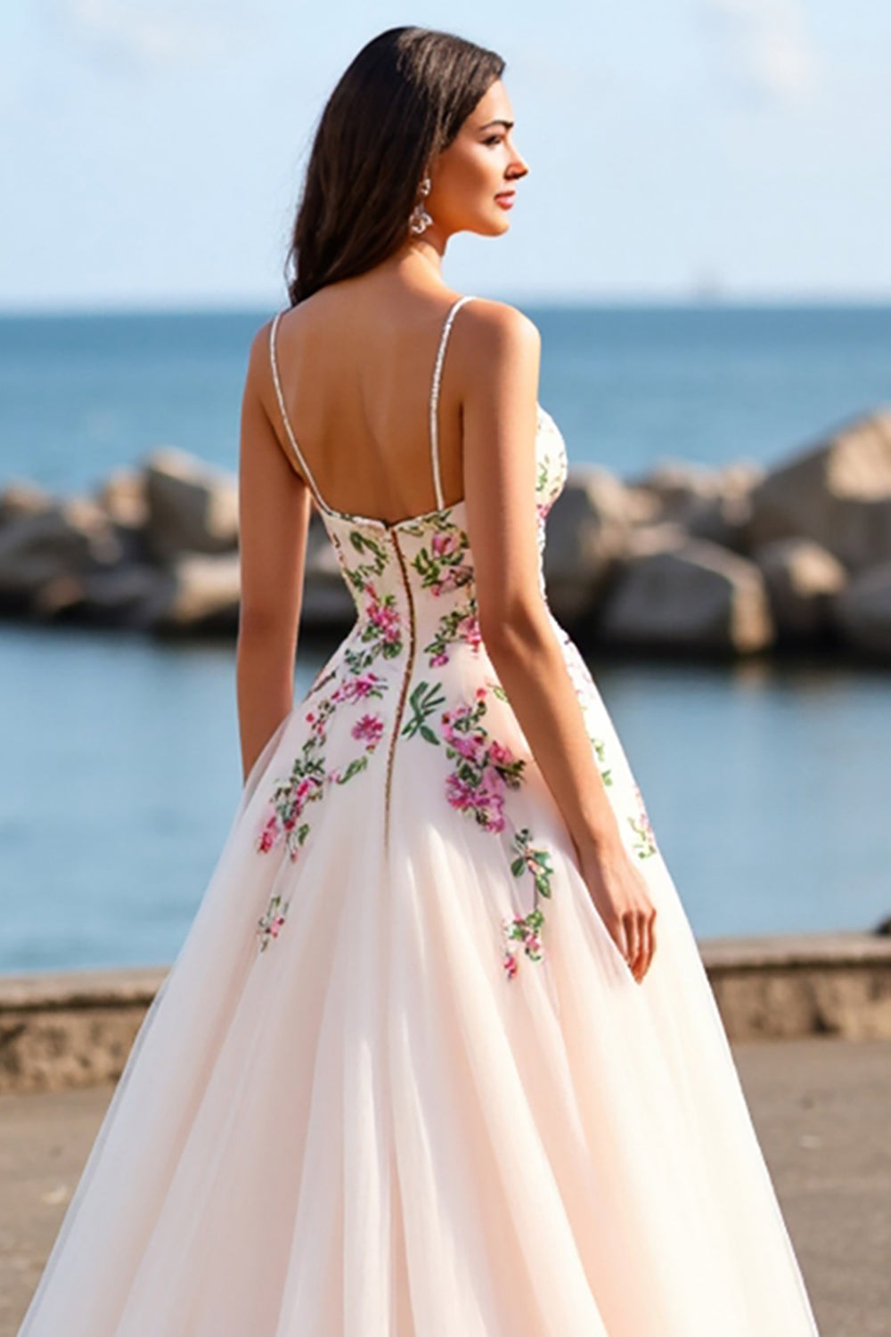 Floral Blush Spaghetti Straps Ball Gown Sweep Train Wedding Dress