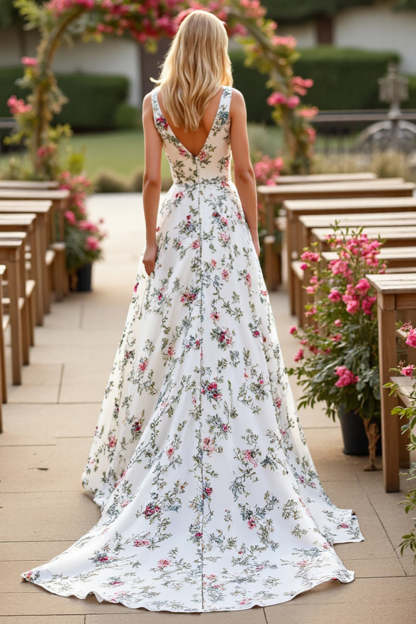 V-Neck Floral White Satin Sweep Train Wedding Dress