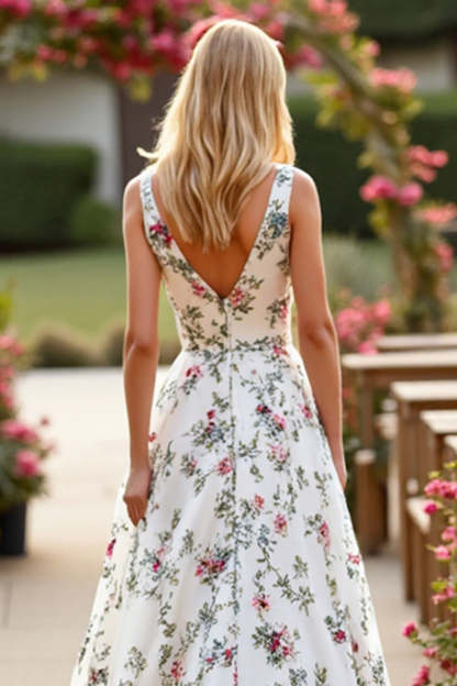 V-Neck Floral White Satin Sweep Train Wedding Dress