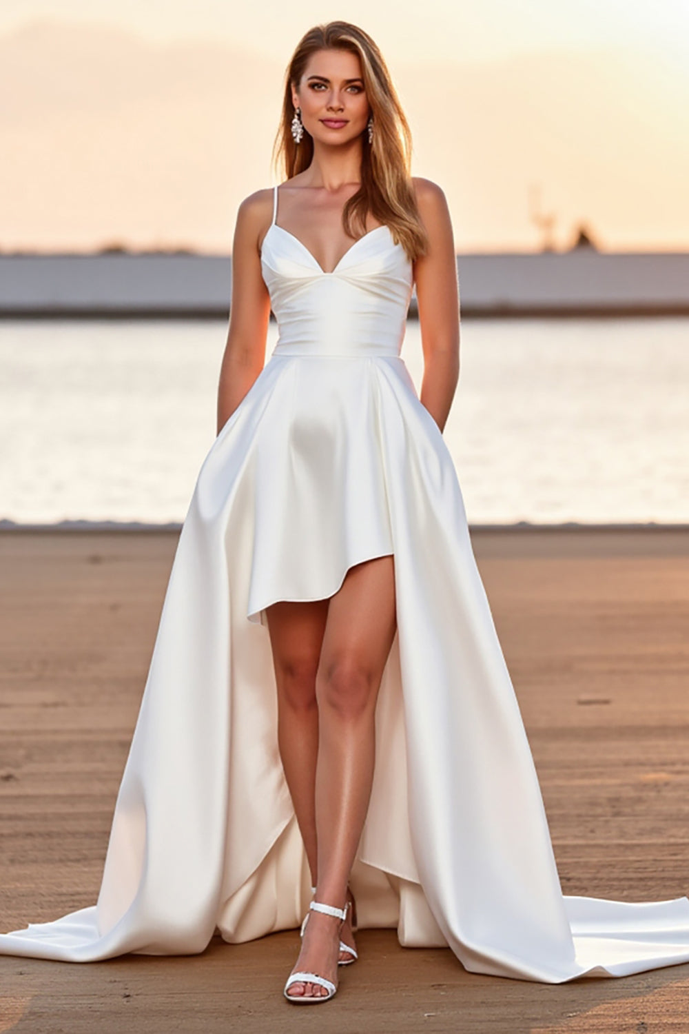 Leely Women White Satin Boho High-Low Wedding Dress V-Neck A Line Sweep Train Bridal Dress