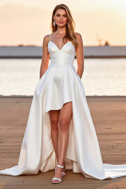Leely Women White Satin Boho High-Low Wedding Dress V-Neck A Line Sweep Train Bridal Dress