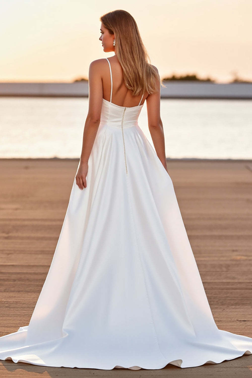 Satin A Line V-Neck White Boho High-Low Wedding Dress